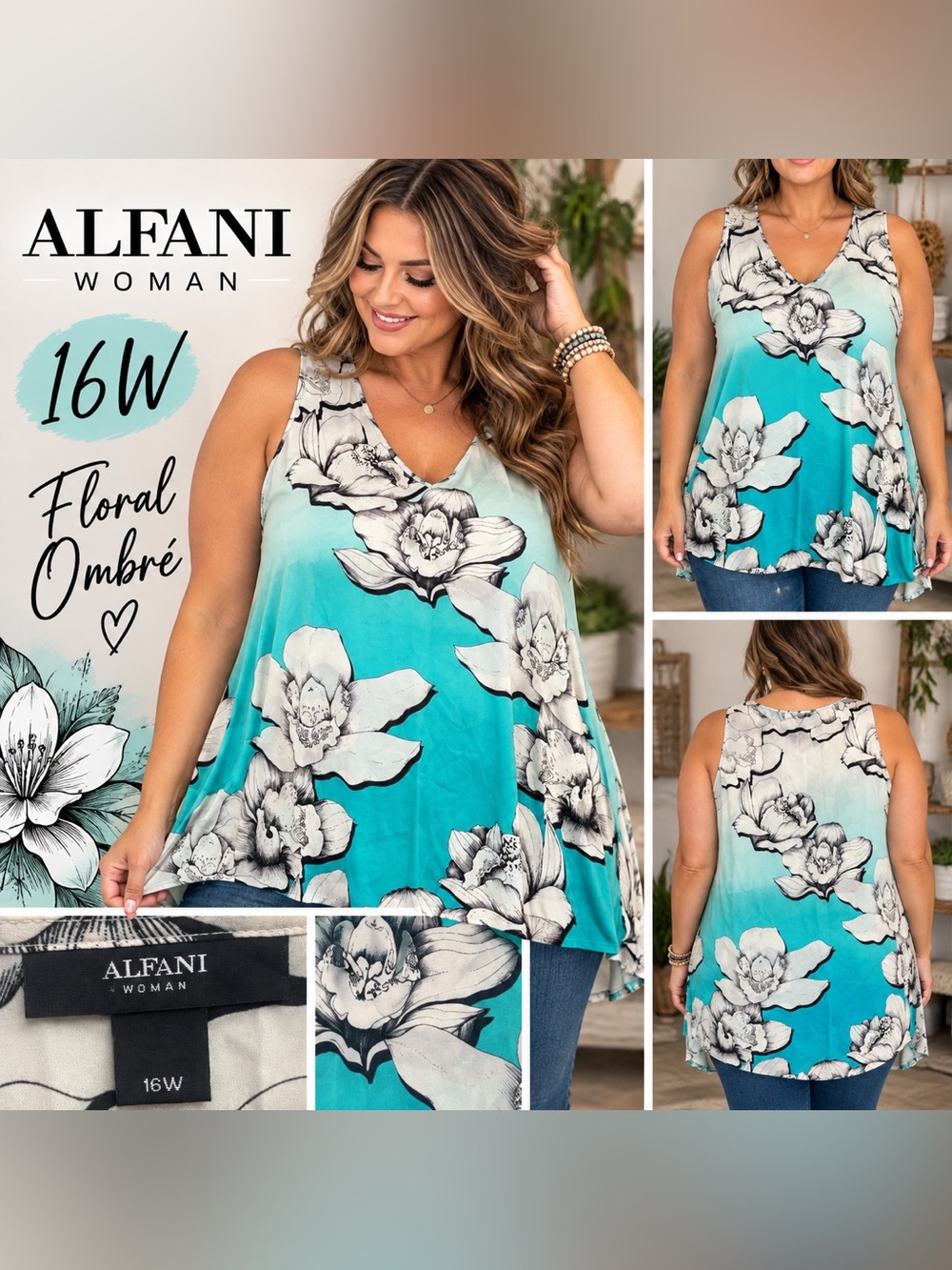 Alfani Woman 16W Aqua Floral Ombré Sleeveless Tunic Blouse Plus Size